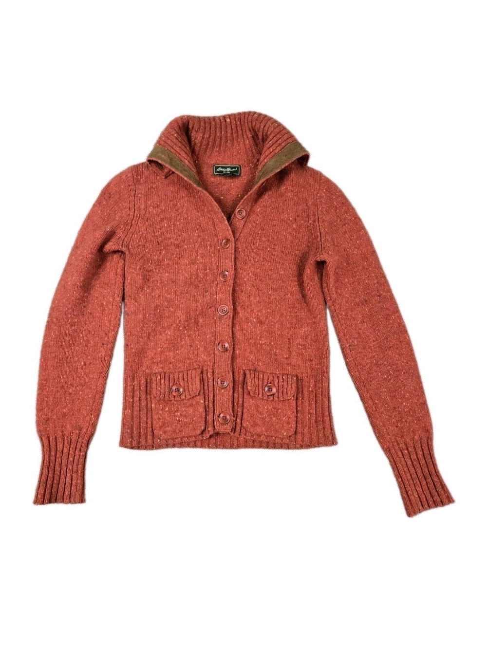 Eddie Bauer Button Cardigan Women XS Orange Wool Cashmere Knit Suede Elbow Patch